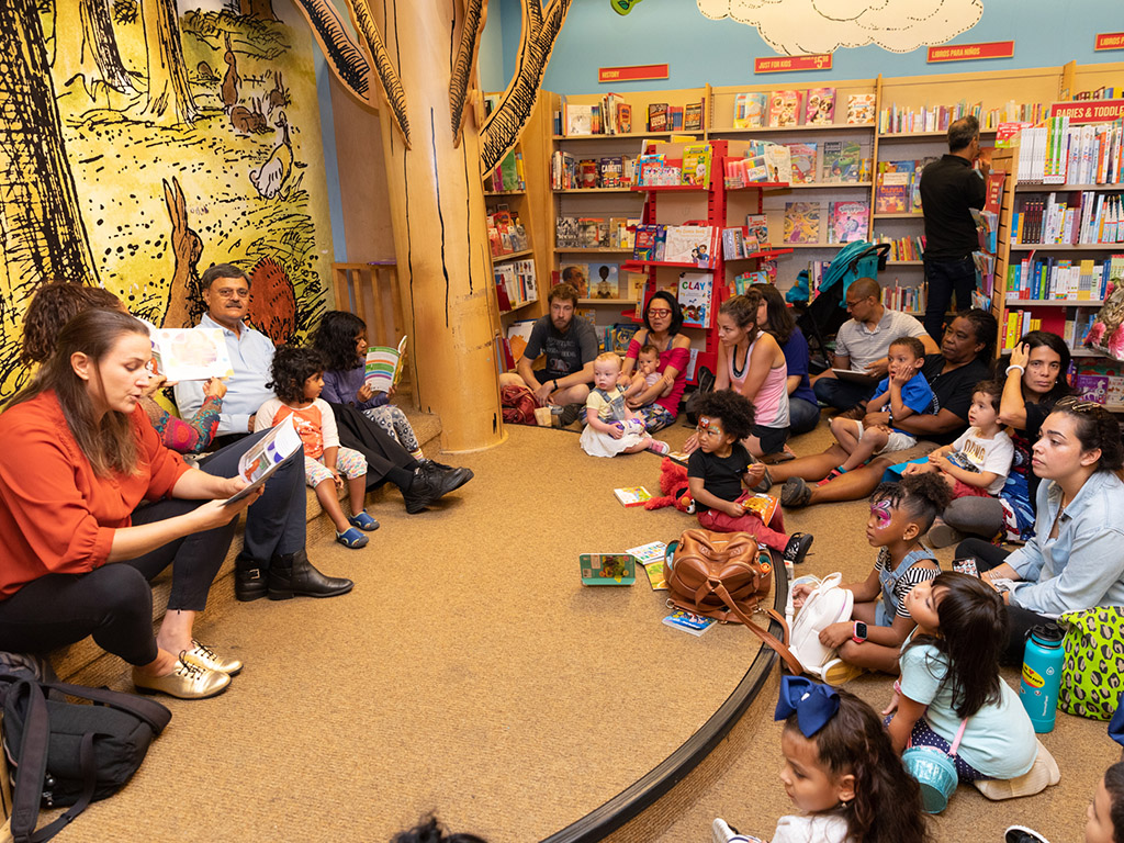 Brooklyn. Parents and kids enjoy the bilingual storytime.